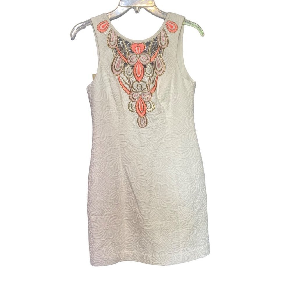 Lilly Pulitzer Logan White Floral Pique Jacquard Shift Dress White with Coral, P - Picture 3 of 14